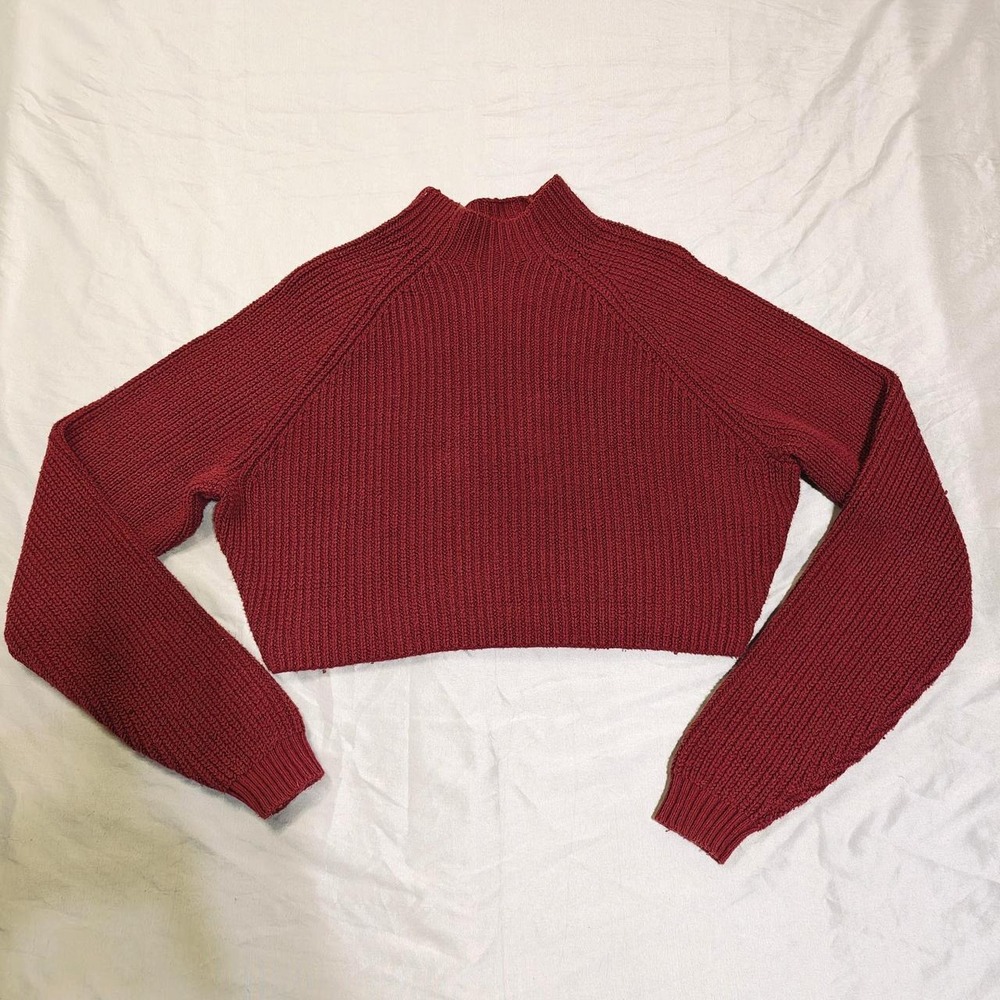 Hollister Cropped Mock Neck Ribbed Knit Sweater Maroon Burgundy Small